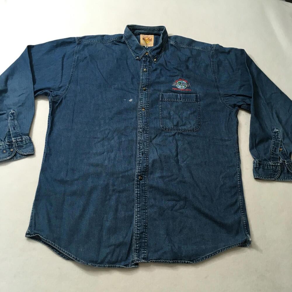 Vintage Hard Rock Cafe Shirt Men's XL Blue Denim Cotton SEE DISTRESS PICS